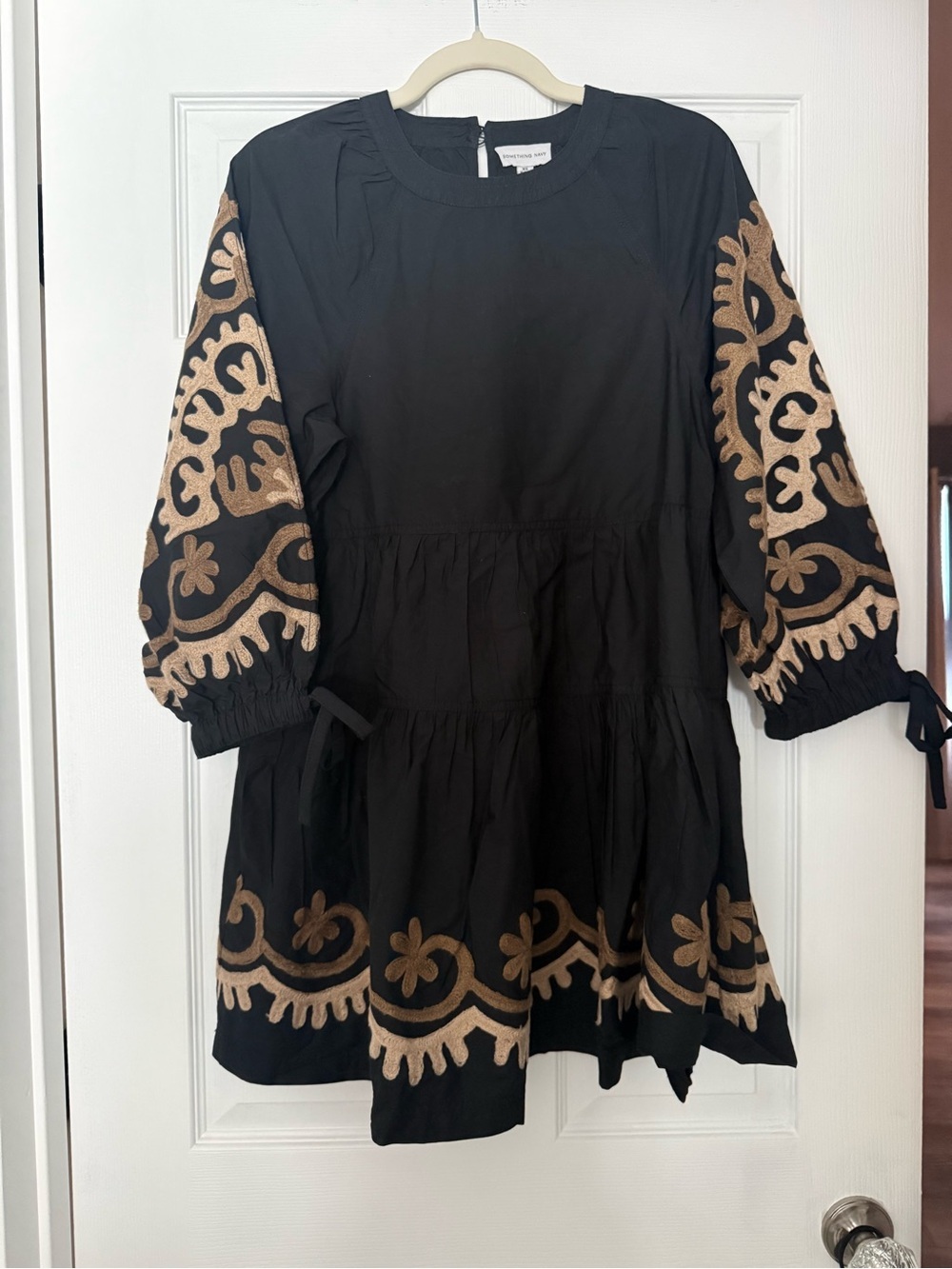 Something Navy Black Dress with Tan Embroidered Sleeves and Hem Size XS NWT